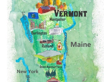 Póster de viaje ilustrado del estado de Vermont, EE. UU., con lugares turísticos destacados