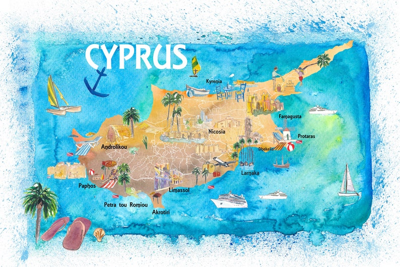 Carte illustrée de Chypre avec les routes principales Monuments et points forts - Fine Art Print Carte vintage rétro avec des points forts touristiques image 1