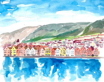 Bergen, Bryggen Waterfront in Norwegian Sunshine - Limited Edition Fine Art Print - Original Painting available