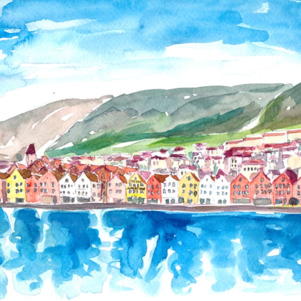 Bergen, Bryggen Waterfront in der norwegischen Sonne - Limitierte Edition Fine Art Print - Original Gemälde erhältlich