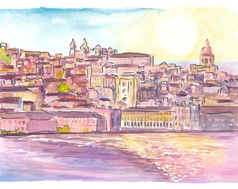 Lisbon Portugal Shimmering Scene of Old Town with Waterfront - Limited Edition Fine Art Print