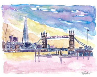 Modern London UK Sunset with Tower Bridge and Skyscrapers - Limited Edition Fine Art Print - Original Painting available