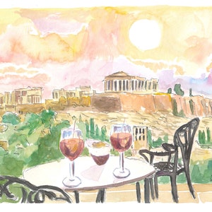 Romance al atardecer en Atenas Grecia con aperitivo y vista a la Acrópolis - Impresión de bellas artes de edición limitada - Pintura original disponible
