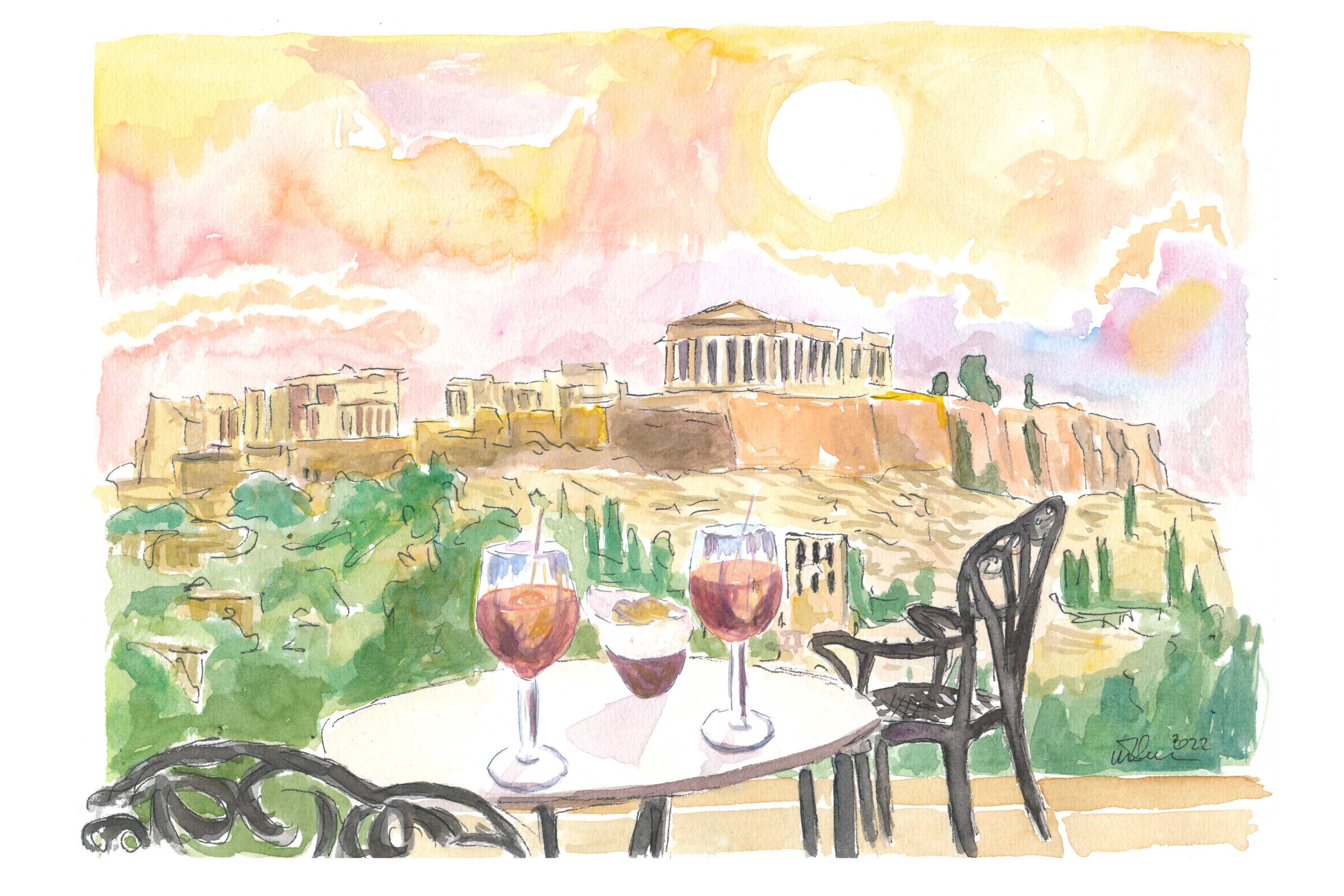 Sunset Romance in Athens Greece with Aperitif and Acropolis View - Limited Edition Fine Art Print - Original Painting available