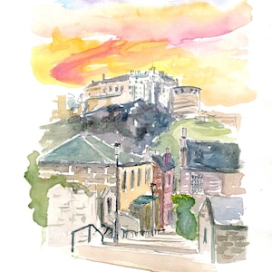 Edinburgh Scotland Street Scene with Castle at Sunset - Limited Edition Fine Art Print - Original Painting available