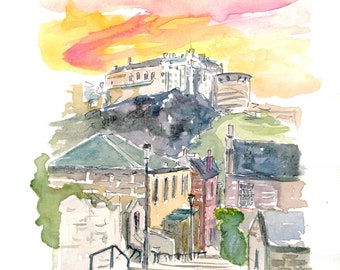 Edinburgh Scotland Street Scene with Castle at Sunset - Limited Edition Fine Art Print - Original Painting available
