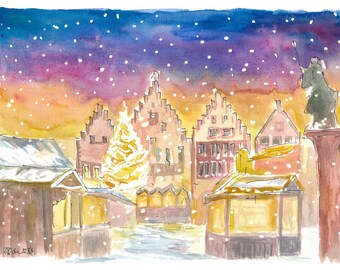 Mercado navideño romántico de Frankfurt, Alemania, por la noche y nevando - Impresión artística de edición limitada - Pintura original disponible