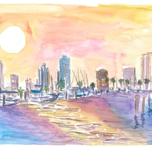 St Petersburg Florida Golden Sunset in Harbour with Skyline - Limited Edition Fine Art Print -