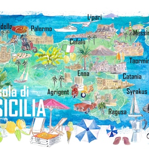 Carte de voyage illustrée Sicile Italie avec routes et attractions touristiques