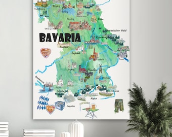 Affiche de voyage illustrée Bavière Allemagne carte - Poster/toile d'impression d'art