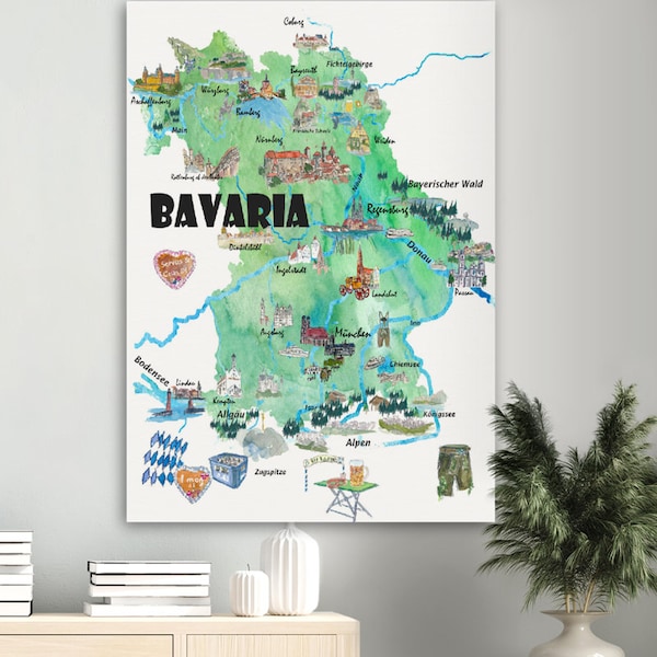 Affiche de voyage illustrée Bavière Allemagne carte - Poster/toile d'impression d'art