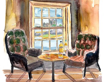 May include: A watercolor painting of a room with two chairs facing each other around a small table. The table has two glasses of amber liquid and two bottles of amber liquid. The room has a large window with a view of a body of water and a building in the distance.