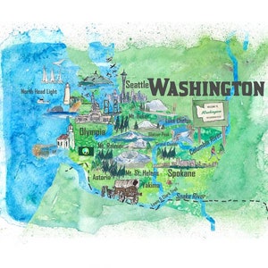 USA Washington State Travel Poster Illustrated Art Map - Fine Art Print