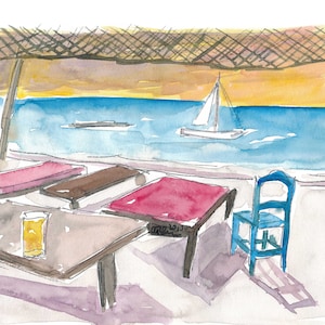 Ibiza Baleares Port Boat and Bar Scene - Impresión de bellas artes de edición limitada - Pintura original disponible