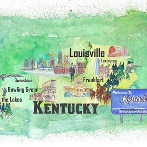 Carte d'affiche de voyage illustrée de l'État du Kentucky aux États-Unis avec des points forts touristiques
