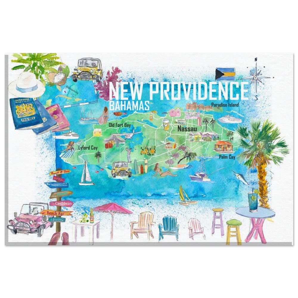 New Providence Bahamas Illustrated Island Travel Map With