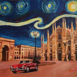 May include: A red vintage car parked in front of a large cathedral with a starry night sky in the background. The cathedral has a tall spire and many windows. The sky is blue with white swirls and yellow stars.