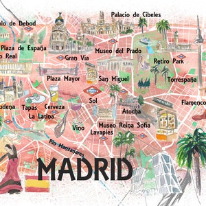 Madrid Landkarte, illustrierte Reisekarte, mit Straßen, Wahrzeichen und historischen Highlights als Kunstdruck