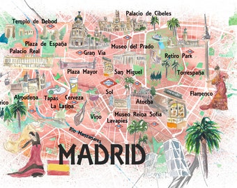 Madrid Spain Illustrated Travel Map with Roads Landmarks and Tourist Highlights Fine Art Print