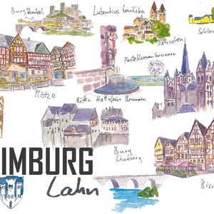 Limburg Deutschland Illustrationen mit Reiseplänen, Highlights und Erinnerungen - Fine Art Print