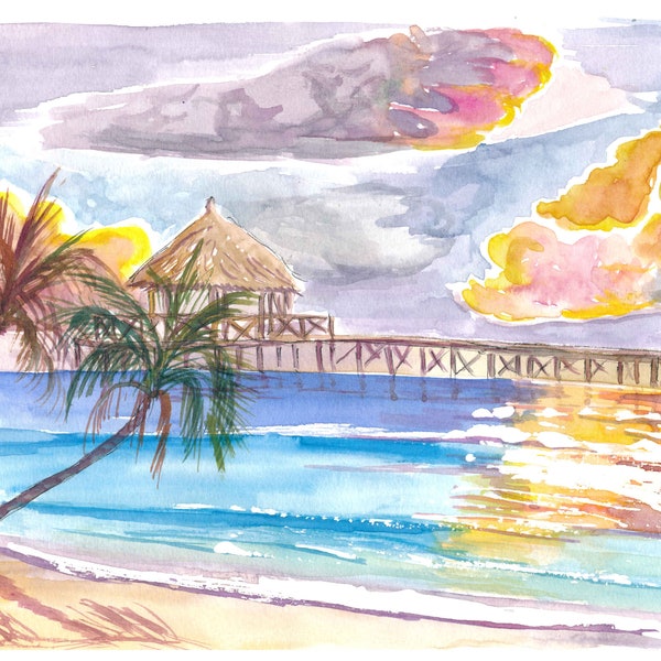 Maldives Escape and Hideaway with Tropical Deluxe Water Villa and Sunset - Limited Edition Fine Art Print - Original Painting available