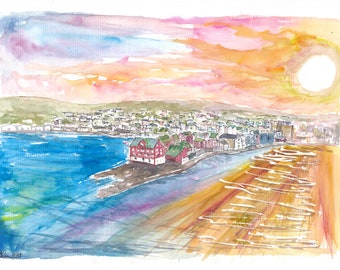 Faroe Islands Torshavn View and Late Afternoon Sun - Limited Edition Fine Art Print - Original Painting available