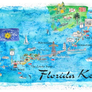 Florida Keys Key West Marathon Key Largo Geïllustreerde reisposter Favoriete kaart Toeristische hoogtepunten