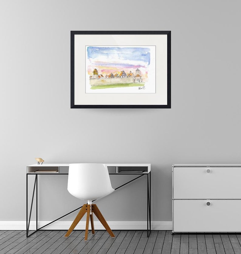 Original Painting available Limited Edition Fine Art Print Dinkelsbuehl Bavaria City Walls and Old Town during Sunset