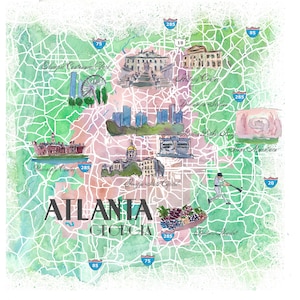 Atlanta Favorite Map with touristic Top Ten Highlights in Colorful Retro Style - Fine Art Print