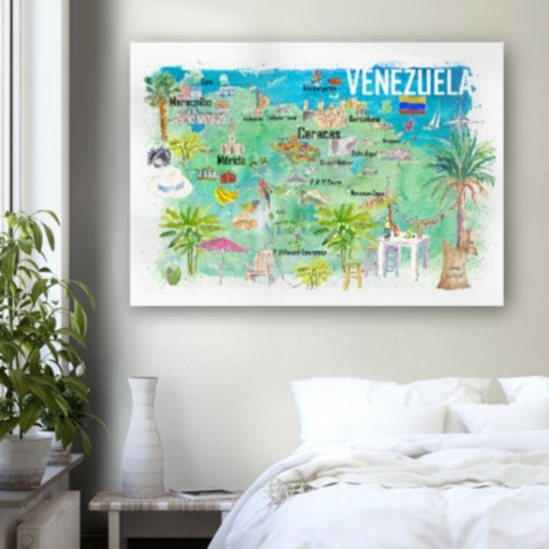 May include: A watercolor illustration of a map of Venezuela with the country name in bold letters. The map shows major cities and landmarks, including Caracas, Maracaibo, and Merida. The map is surrounded by palm trees and other tropical foliage.