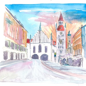 Munich Bavaria Marienplatz View of Old City Hall and St. Peter - Limited Edition Fine Art Print - Original Painting available