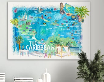 カリブ海クルーズマップの壁掛けアート – 東カリブ海と西カリブ海の旅