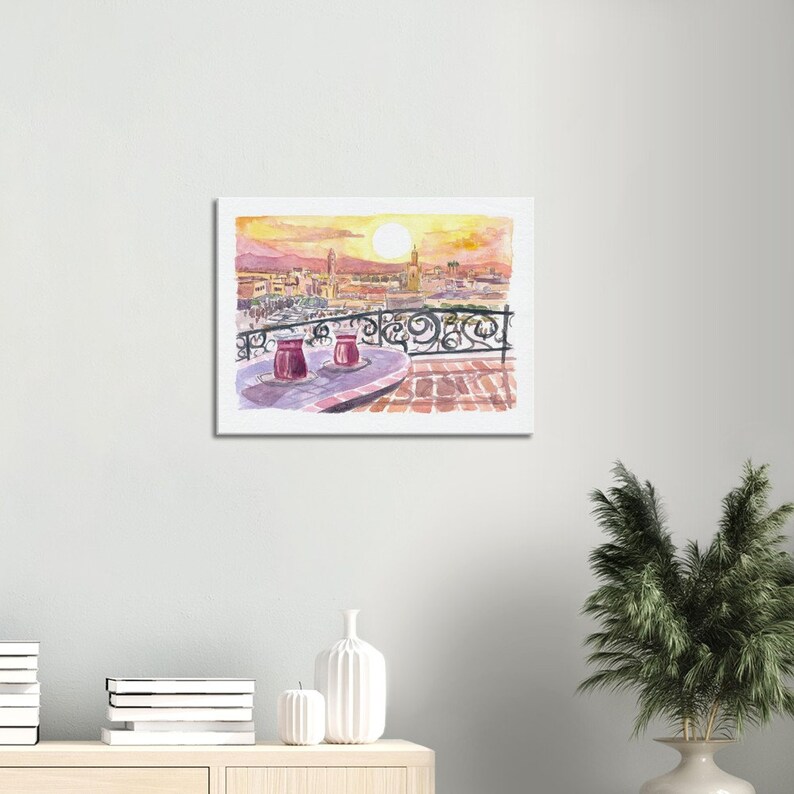 Amazing Marrakech Morocco Rooftop Romance with Tea and Fna Square - Limited Edition Fine Art Print - Original Painting available image 9