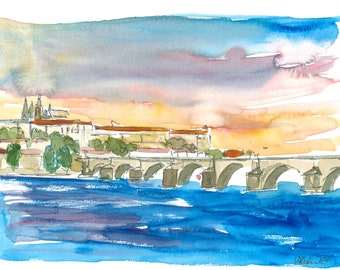 Charles Bridge And Prague Castle View with Hradcin - Limited Edition Fine Art Print - Original Painting available