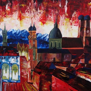 München, Bayern mit Alpen Panorama Gemälde & Fine Art Print