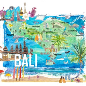 Carte de voyage illustrée de l'île de Bali avec les points forts touristiques de l'Indonésie