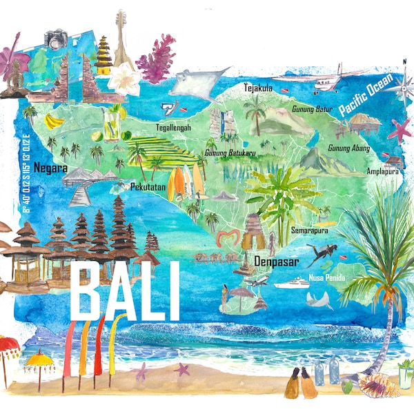 Bali Illustrated Island Travel Map With Tourist Highlights Of Indonesia Bali Illustrated Island Travel Map With Tourist Highlights Of Indonesia