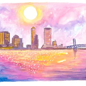Jacksonville Florida Skyline with Glowing Sun - Limited Edition Fine Art Print - Original Painting available