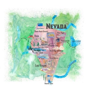 USA Nevada State Travel Poster Geïllustreerde kunstkaart - Fine Art Print