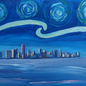Sternennacht in Miami - Van Gogh Inspirationen mit Skyline Silhouette bei Sonnenuntergang Florida - Limited Edition Fine Art Print / Originalgemälde