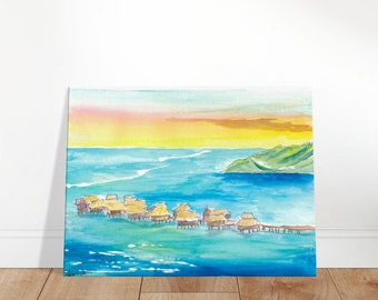 South Sea Tropical Overwater Bungalows - Limited Edition Fine Art Print - Original Painting available