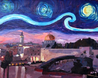 Starry Night in Jerusalem over Wailing Wall - Limited Edition Fine Art Print/Original Canvas Painting