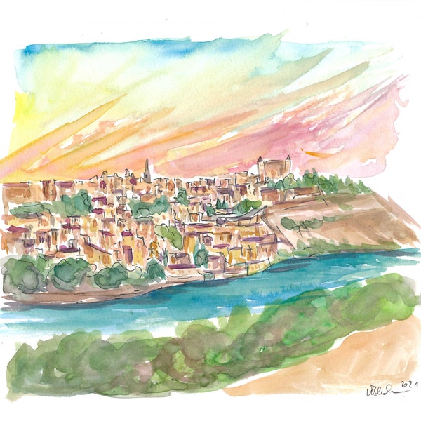 Coucher de soleil sur la vieille ville de Tolède en Espagne - Tirage d'art en édition limitée - Peinture originale disponible