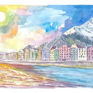 Innsbruck Tyrol Austria Houses with River Inn and Nordkette - Limited Edition Fine Art Print - Original Painting available