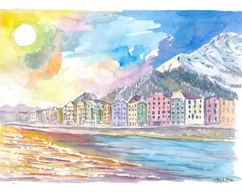 Innsbruck Tyrol Austria Houses with River Inn and Nordkette - Limited Edition Fine Art Print - Original Painting available