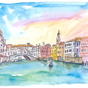 Venecia Rialto y Gran Canal al atardecer - Impresión de bellas artes de edición limitada - Pintura original disponible