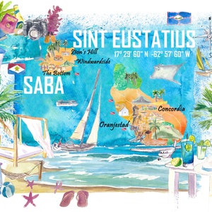 Saint-Eustache et Saba Île néerlandaise des Caraïbes Carte de voyage illustrée avec les points forts touristiques