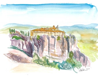 Meteora-klooster op rots in Griekenland - Limited Edition Fine Art Print - Origineel schilderij beschikbaar