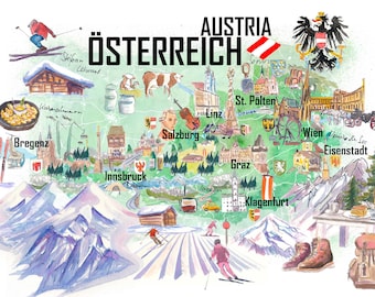 Austria Illustrated Travel Map Alps and Hiking with Roads and Tourist Highlights - Fine Art Print