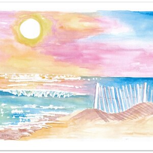 May include: Watercolour painting of a beach scene with a bright yellow sun, pink and blue sky, blue ocean waves, and a white picket fence on the sand.